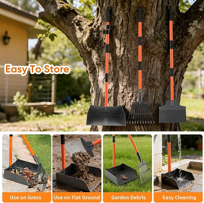 Pooper Scooper, Extra Large Long Handle Dog Pooper Scooper for Dogs Heavy Duty, Pet Supplies Stainless Metal Tray, Spade and Rake Set, Use on Grass, Dirt or Gravel