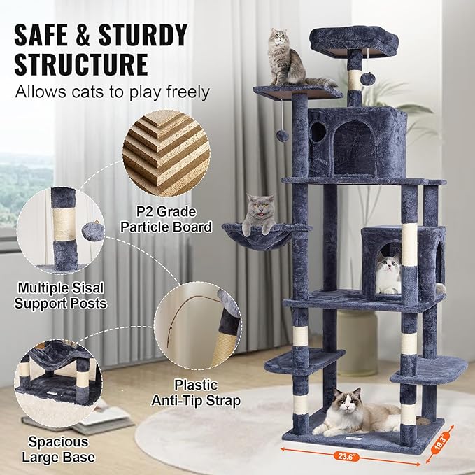 VEVOR Cat Tree for Indoor Cats, 68.5" Cat Tower with 2 Cat Condos, Sisal Scratching Post, Hammock, Top Perch, Jumping Platforms, Large Cat Furniture Activity Center with Hang Ball, Dark Grey