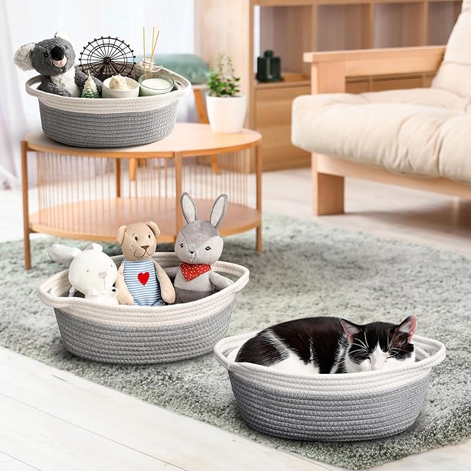 2 Pack Small Woven Basket with Gift Bags and Ribbons, Empty Decorative Gift Chest Box, Cute Baby Gift Basket for Nursery, Cotton Rope Room Shelf Storage Basket with Handles, All 12"x 8"x 5", Gray