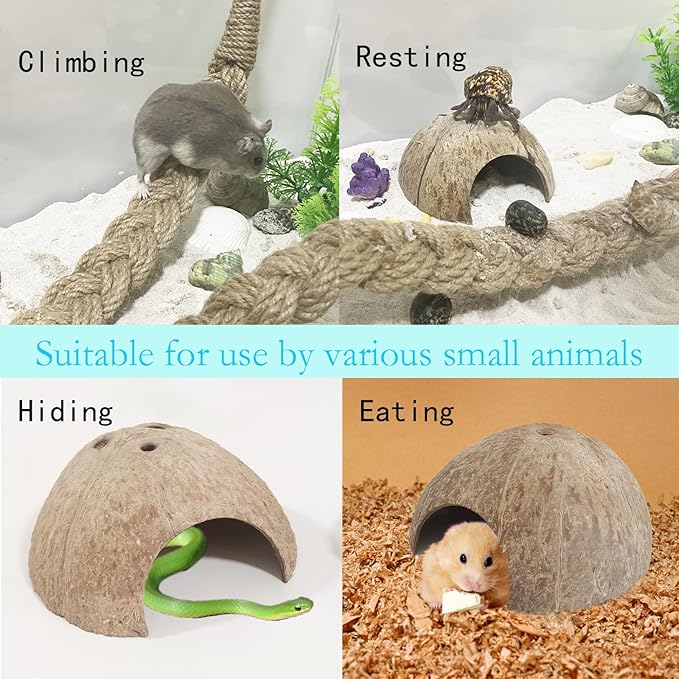 2PCS Hermit Crab Accessories，25.9inx1.58in Reptile Climbing Rope，Natural Coconut Reptile Hideouts，Ermit Crab, Hamster, Chameleon, Tree Frog, Lizard, Gecko Habitat Aquarium Decoration