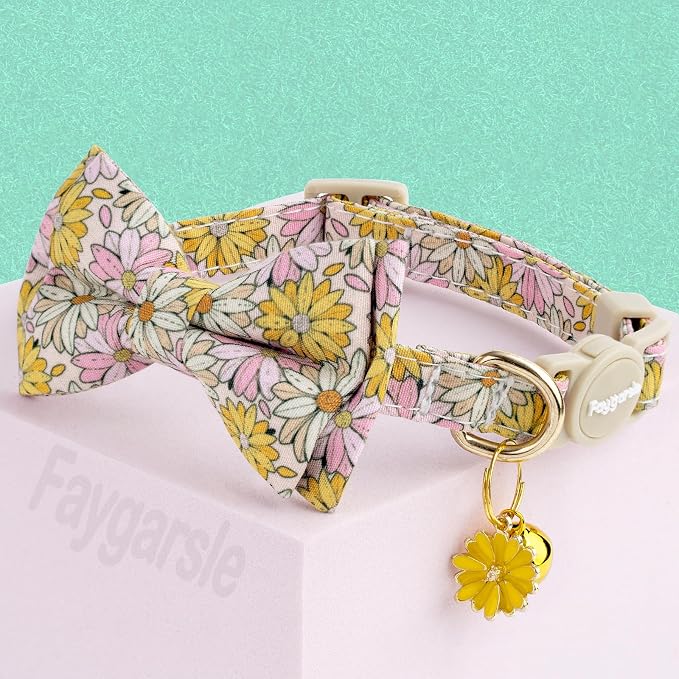 Faygarsle 2 Pack Floral Cat Collar Set with Bandana and Bow Tie, Pink and Yellow Daisy Pattern, Breakaway Safety Buckle