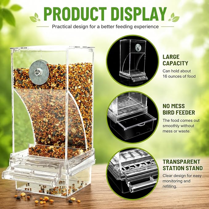 Rypet No Mess Bird Water Feeder Dispenser Set Automatic Bird Feeder Transparent Food Container Cage Acrylic Parrot Feeders Accessories for Small Birds Parrot Cockatoo Canary