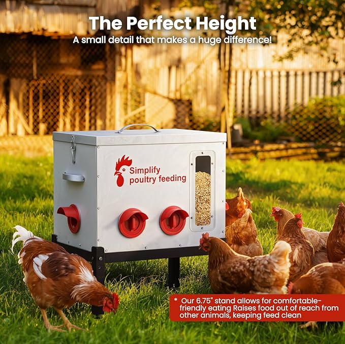 Hiqufet 55 lb Large Automatic Chicken Feeder with Window, 7 No-Waste Ports – Outdoor Metal Chicken Feeders with Adjustable Stand, Rodent-Resistant Design & Riveted Handles for Chicken, Ducks & Poultry