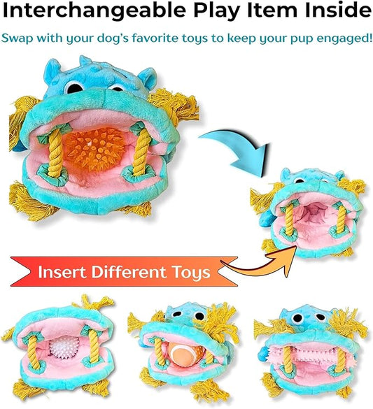 4 in 1 No Stuffing Dog Toy with Squeaker, Ropes & Surprise Play Item inside for Small Medium Large Breeds - Interactive Tug Dog Toy - Great for Cuddling, Playing and Fetch, Soft Blue Plush Hippo