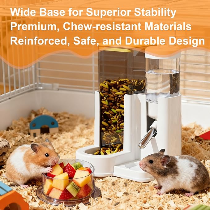 No-Drip 2-in-1 Hamster Water Bottle & Automatic Feeder, All-in-One Small Animal Cage Accessories with Snack Bowl for Hamsters, Mice, Gerbil and Sugar Gliders