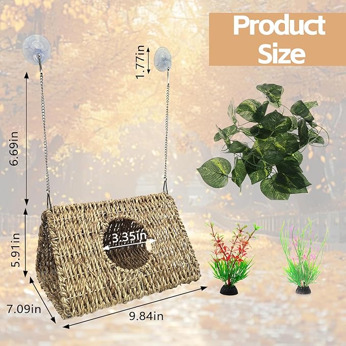Reptile Hide Cave,Hollow Gecko Hide,Hanging Seagrass Fiber Bearded Dragon Hammock Swing Lizard Cage Climbing Toys with Suction Cups&Chains,Reptile Tank Decor with Simulation Plants-Triangle L