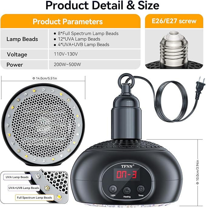 Chicken Coop Heater Lamps,200W-350W-500W Reptile Heating Lamp Upgraded with UVA UVB Ligh 3-6-9-12H Timer,Protable Greenhouse Heater for Outdoor Chicken Coop for Reptile Rabbits Dog Cats (5.2 Inch)