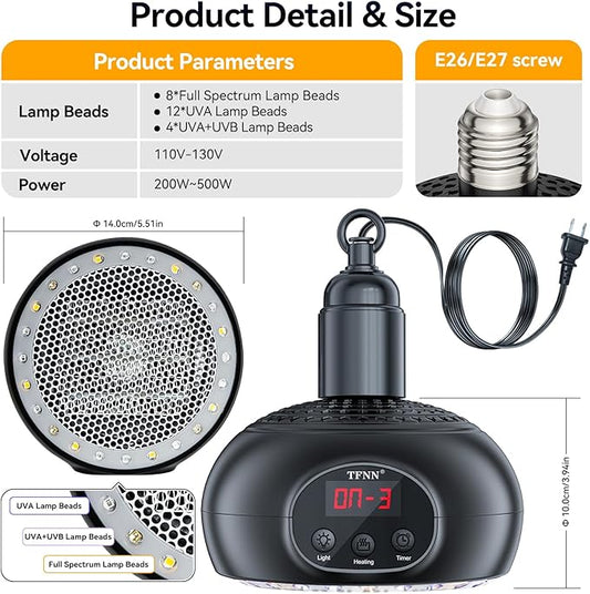 Chicken Coop Heater Lamps,200W-350W-500W Reptile Heating Lamp Upgraded with UVA UVB Ligh 3-6-9-12H Timer,Protable Greenhouse Heater for Outdoor Chicken Coop for Reptile Rabbits Dog Cats (5.2 Inch)