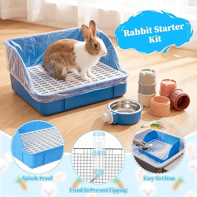 34 Pcs Rabbit Starter Kit Rabbit Litter Box Small Animal Water Bottle Cups Bunny Tunnels Animal Grooming Kit Bowl Blanket with Cleaning Set for Guinea Pig Bunny(Style 2,Dark Blue)