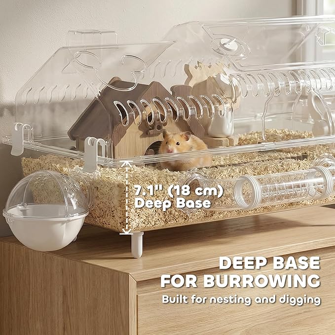PawHut 8 in 1 PET Hamster Cage, Dwarf Hamster Cage with Large Wheel & Hideout, Small Animal Habitat with Accessories, Clear Pet House, 21.5" x 11.8" x 12.6"