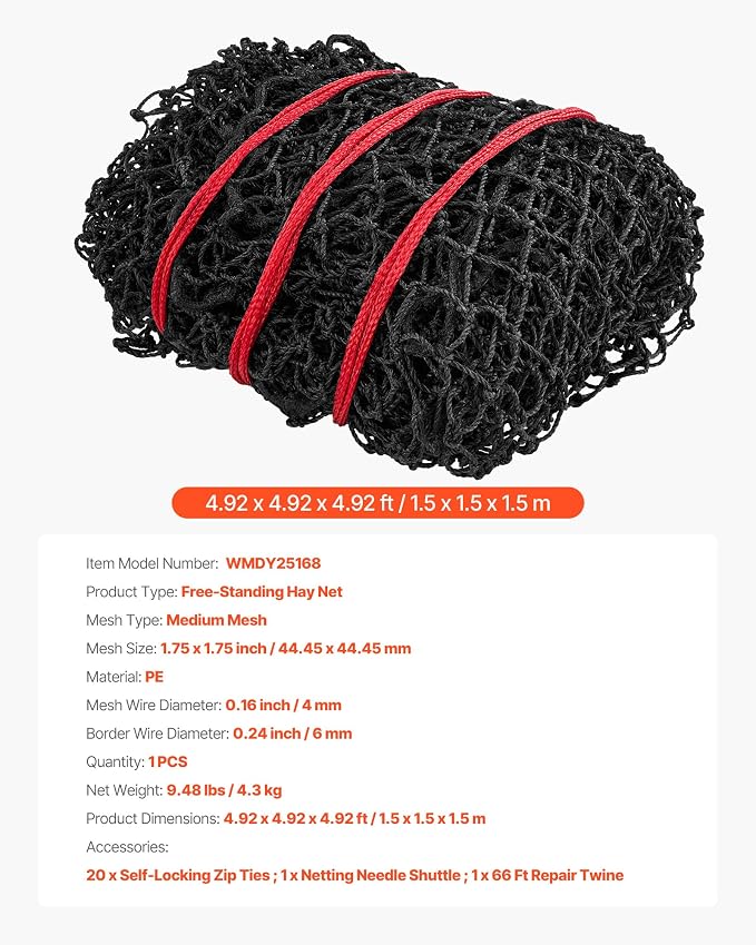 VEVOR Round Bale Hay Net, 4.92 x 4.92 x 4.92 ft, 1.75 inch Holes, PE Material, Reinforced Knotted Design, with Zip Ties, Needle Shuttle, and Repair Twine, Slow Feeder Round Bale Net for Horses