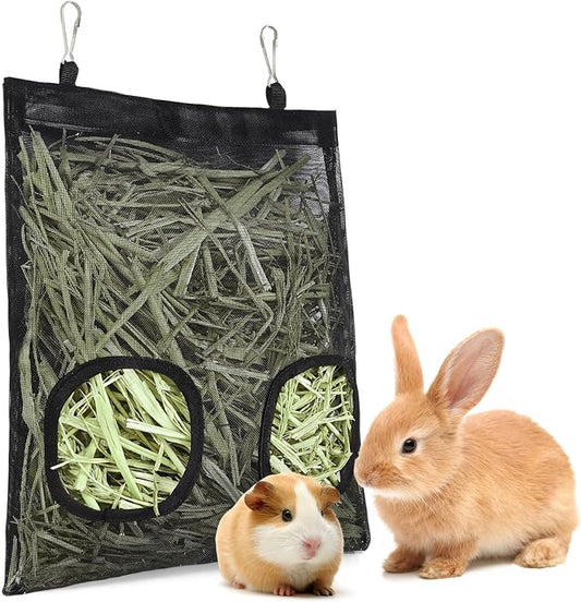 Mesh Guinea Pig Hay Feeder Bag for Guinea Pigs Rabbits Chinchillas, Hanging 2-Hole Hay Dispenser Breathable Wear-Resistant (Black)