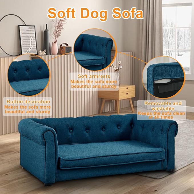 Dog Sofa for Small & Medium Dogs | Removable & Washable | No Assembly Required | Breathable Linen Fabric | Soft Foam Cushion |Floor-friendly sofa legs | Blue