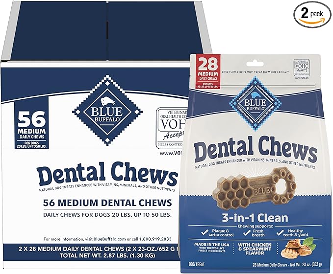 Blue Buffalo Medium Dental Chews Bundle, Natural Dog Treats Enhanced with Vitamins, Minerals, and Other Nutrients, Two 23 oz. Bags