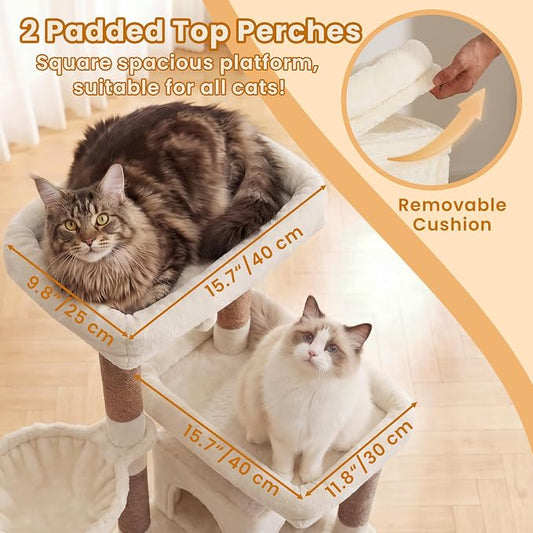 Heybly Cat Tree, 56-Inch Multi-Level Easy Climb Tower for Large Cats, Cat Furniture with 2 Perches, Cozy Hammock, Spacious Condo & Cat Basket, Durable Sisal Scratching Posts, Beige HCT028G