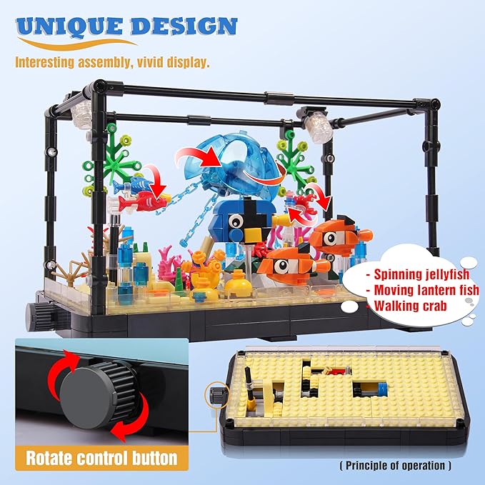 Jorumo Fish Tank Building Block, Lighting Aquarium Building Sets for Adults and Kids Including Ocean Jellyfish, Dolphin, Turtle, Crab, Animal Building Toys for Boys Age 12+, 725pcs