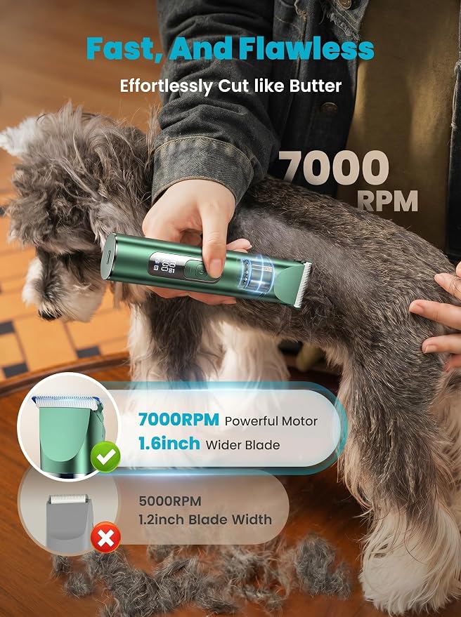 oneisall 4 in 1 Dog Grooming Kit with LCD Display, Dog Hair Trimmer for Paw Nail Grinder, Rechargeable Cordless Low Noise IPX7 Waterproof Pet Clippers Green