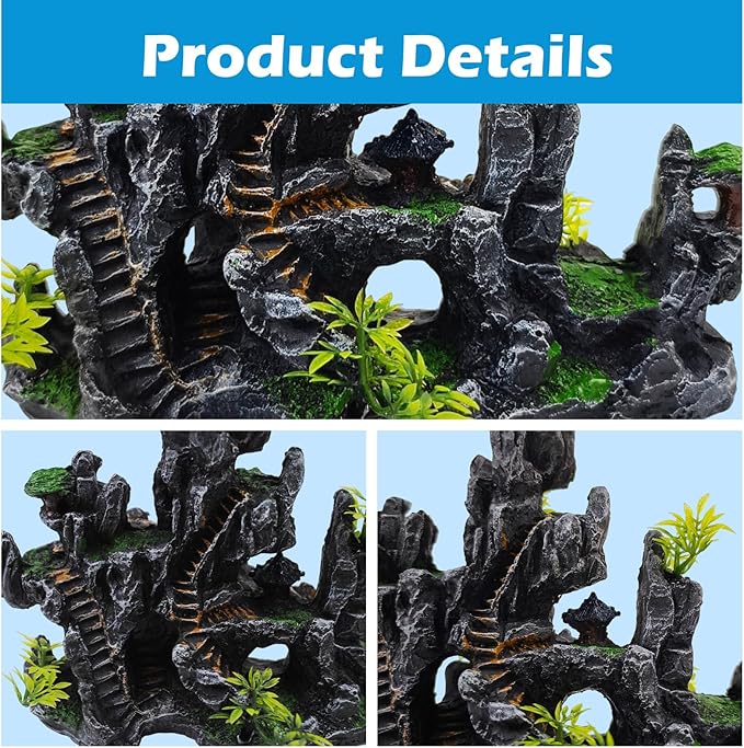 Aquarium Ornaments View Mountain,Fish Tank Decorations Resin Rock Landscape Artificial Stone Aquarium Decor with Plant Cave for Small Fish Shrimp