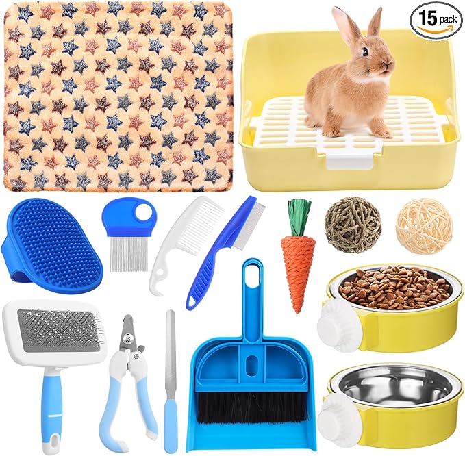 Reallnaive 15 Pcs Rabbit Starter Kit Small Rabbit Litter Box Girls Gift Animal Grooming Kit Bunny Toys Bowl Blankets with Cleaning Set for Guinea Pig Accessories(Blue)