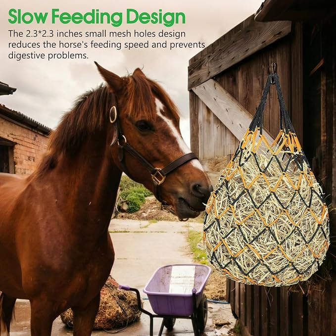3 Pack Slow Feed Hay Nets for Horses, 40-Inch Durable Mesh Hay Bags with Carabiners and Gloves, Durable Hanging Hay Net for Goat Sheep, Livestock Hay Feeder for Stable Trailer Pasture