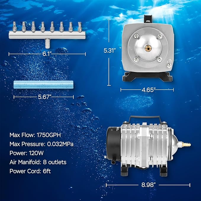 AquaMiracle Aquarium Air Pump Commercial Air Pump with Aluminum Housing, 600/1000/1200/1750GPH Fish Tank Bubbler Pond Aerator for Aquariums, Ponds, Hydroponics