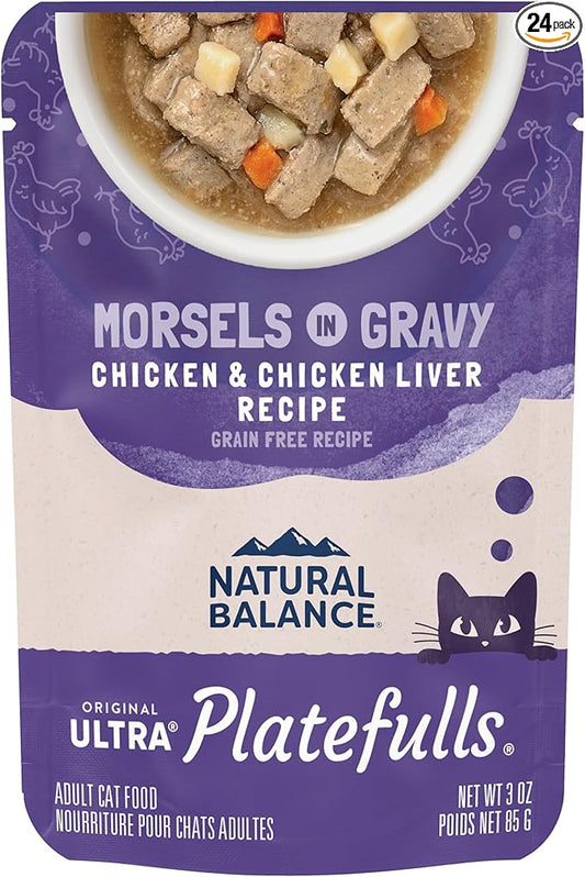 Natural Balance Original Ultra Platefulls Indoor Adult Grain Free Wet Cat Food, Chicken & Chicken Liver Recipe, 3 Ounce Pouch (Pack of 24)