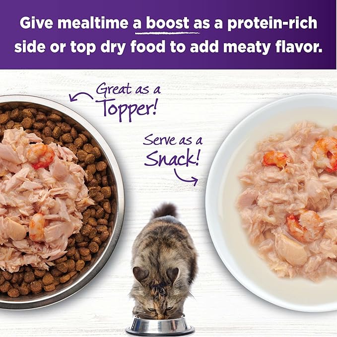 Wellness Bowl Boosters Shreds with Broth Wet Cat Food Topper, Grain Free, Natural, Flaked Tuna and Shrimp Recipe, 1.75 oz, Pack of 12 Pouches