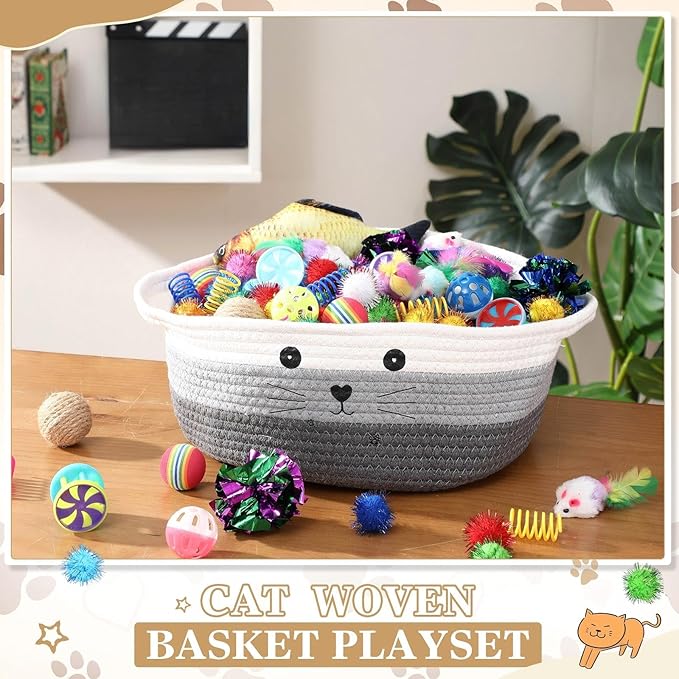 Zopeal 58 Pcs Mother’s Day Cat Storage Basket Gift Toys Set, Colorful Flashing Balls Pet Bell Crinkle Balls Spring Toys Attract Cat to Swat, Hunt, Interactive for Pet(Multicolor,12 Inch)