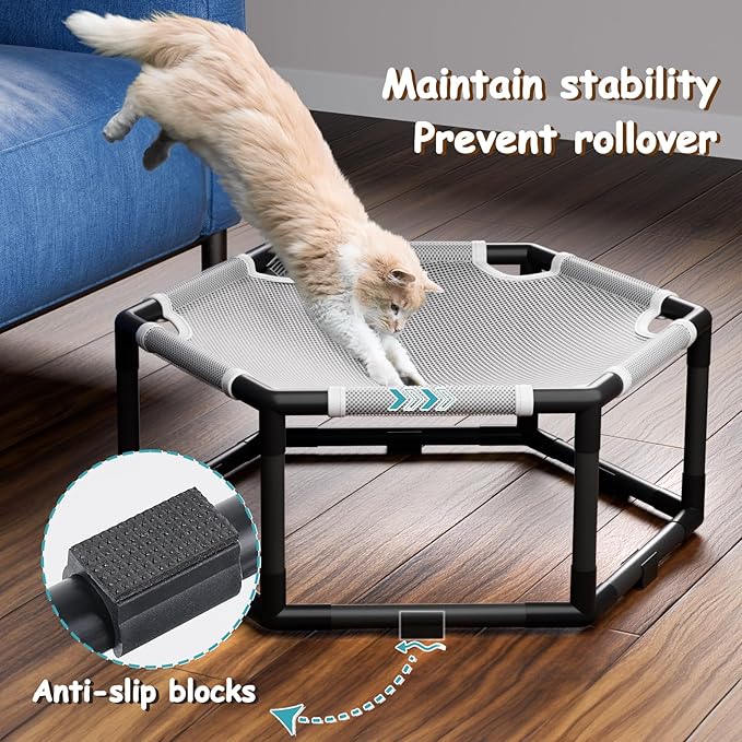 Tresbro Elevated Cat Hammock Bed, Hexagon Raised Cat Swing Bed for Indoor and Outdoor Use with Breathable Fabric & Anti-Slip Block, 20.5'' x 18'' x 9.4'' Pet Chair for Large to Small Kitty Cot