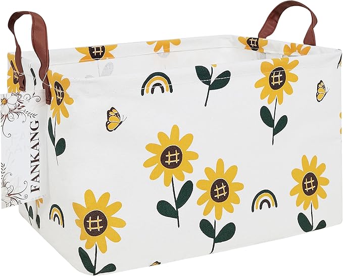 Storage Bins, Nursery Hamper Canvas Laundry Basket Foldable with Waterproof PE Coating Large Storage Baskets for Kids Boys and Girls, Office, Bedroom, Clothes,Toys(Rec-Sunflower）