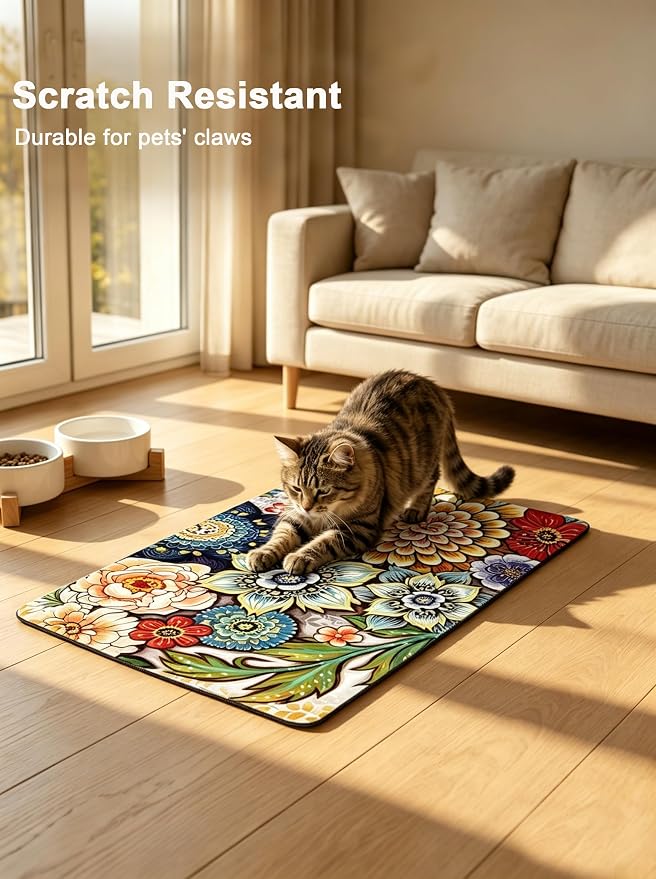Rnivvi Dog Food Mat, 12" x 19" Flower Absorbent Dog Cat Bowl Mat for Food and Water, Cute Anti-Slip Rubber Pet Feeding Rug Protect Floors, Puppy Placemat for Feeding & Watering Supplies,Mandala Floral