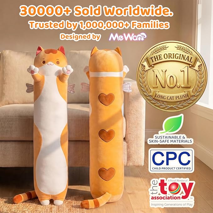Mewaii Long Cat Plush 5 Sizes, 120% Extra Filling Giant Plushness Kids Body Pillow, Kawaii Cute Brown Cat Stuffed Animals Plushies, Big Long Body Pillow Cat Plush Gift for Girls 44”