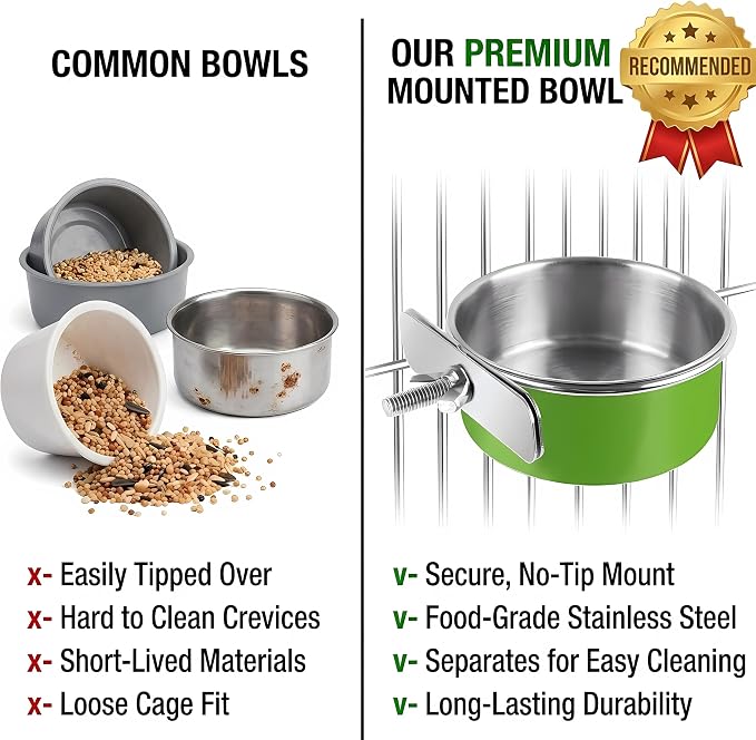 Stainless Steel Bird Bowls for Cage (8 Pack)– Green Hanging Bird Food & Water Feeder Cups with Clamp Holder, Anti-Spill Bird Cage Feeders for Parakeets, Cockatiels, Conures, Budgies & Small Animals