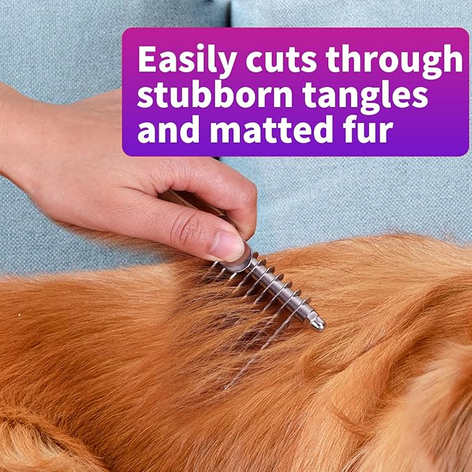 Dog Dematting Comb & Rake, Stainless Steel Pet Grooming Brush for Mats & Tangles, Gentle Undercoat Rake for Doodles, Poodles, Goldendoodles, Long/Short Haired Dogs & Cats, Non-Slip Wooden Handle