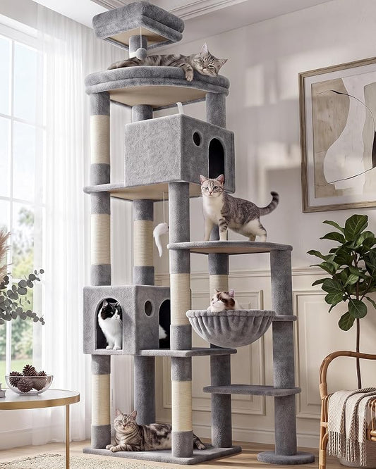 Globlazer Giant Cat Tree, 83 inch Cat Tree for Indoor Cats Large Adult, XXL Cat Tower with 9 Scratching Posts for 20lb+ Heavy Duty Large Adult Cats, F83, Light Grey