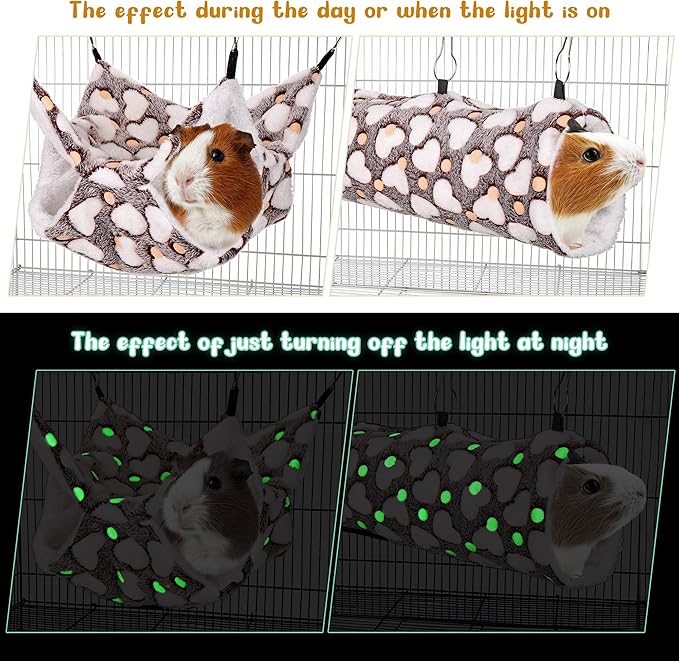 Mogoko Noctilucent Luminous Brown Guinea Pig Rat Hammock Bunkbed Hanging Tunnel and Soft Bed Mat for Ferret Hedgehog Squirrel Hideout Cage Accessories (Tunnel and Bunkbed Hammock)