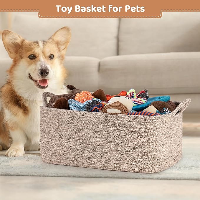 OIASKET Large Empty Gift Baskets for Baby Shower, 16.5" L x 12.6" W x 7" H Cute Woven Storage Basket with Gift Bags and Ribbons, Small Rope Toy Basket with Handles, Cat Dog Pet Toy Organizer - Brown