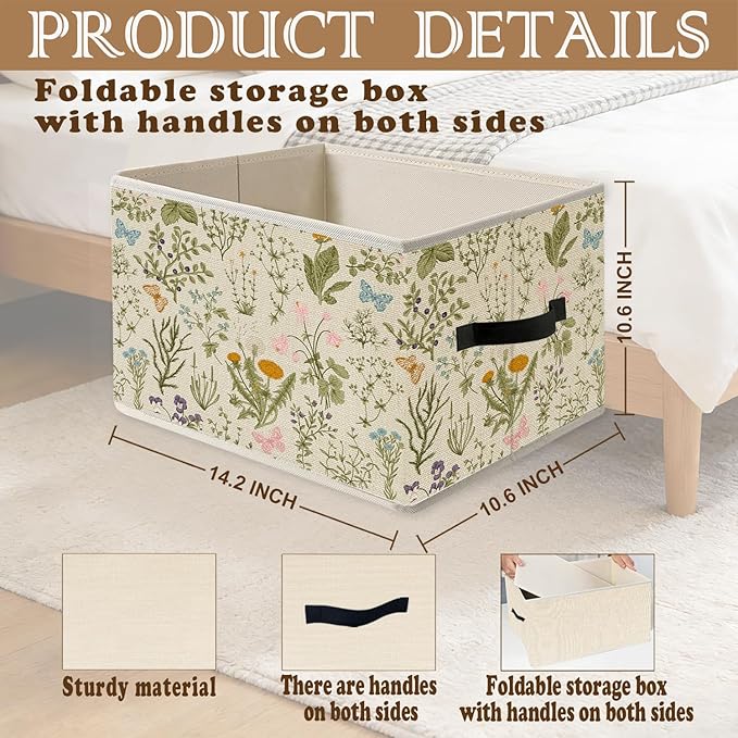 Rustic Vintage Butterfly Floral Storage Bins, Cottagecore Botanical Wildflower Foldable Closet Organizers Storage Basket Toybox for Clothes Bed Sheets Blankets Toys