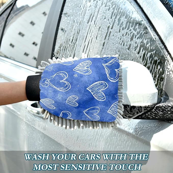 Car Wash Mitt Microfiber Wash Mitts for Car Washing Scratch-Free Cleaning Gloves Soft Non Absorbent Chenille Auto Hand Mitt Large 2Pack Blue White Hearts