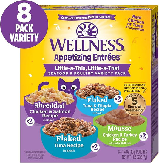 Wellness Appetizing Entrées Flaked, Shredded and Mousse Variety Pack Adult Wet Cat Food, Natural, Protein-Rich, Grain Free, Seafood & Poultry Recipes, 1.4 oz, Pack of 8 Pouches