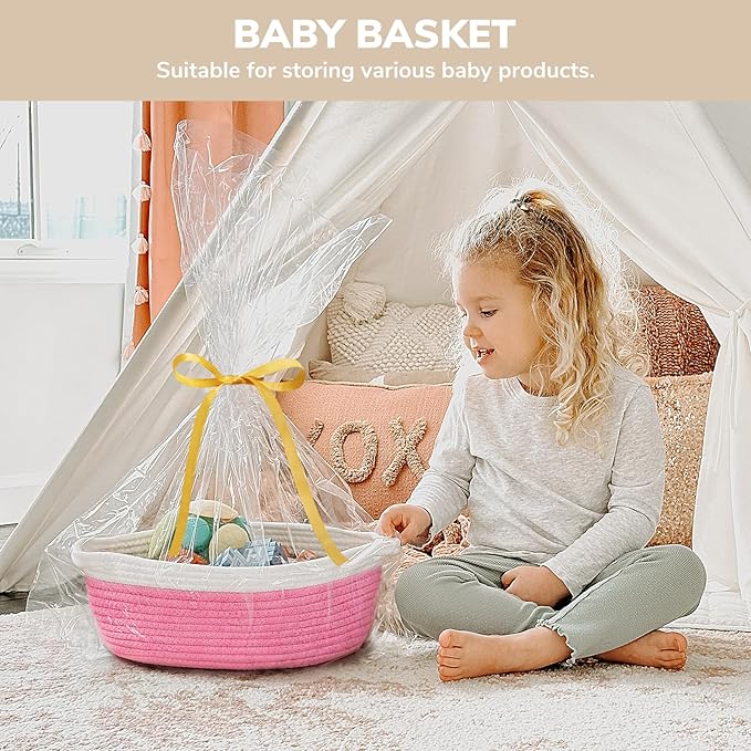 CHICVITA Pink Baskets for Gifts Empty, Gift Basket for Mom, Baby Gift Basket for Diapers, Cotton Rope Basket for Decor, 12"x 8"x 5"