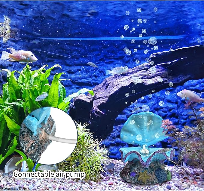 WishLotus Aquarium Decorations - Durable Resin Simulation Pearl Scallop Fish Tank Landscape Decorations - Pneumatic Opening and Closing Bubble Ornaments - Blue