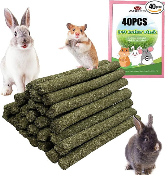 ANDES Rabbit Chew Toys 40pcs Timothy Hay Sticks About 14oz/400g Hamster Molar Snacks Handmade are Perfect Food Accessories for Bunny Guinea Pigs Rats Chinchillas Gerbils (40pcs Timothy Hay Sticks)