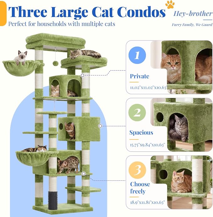 Hey-brother Cat Tree, 74 inches Multi-Level XL Large Cat Tower for Indoor Cats with Three Cat Condos, Two Large Top Decks and Cat Hairbrushfor Kittens, Cats and Pets, Green MPJ035-MGR