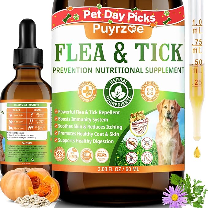 Puyrzoe Dog Flea Treatment Drops, Natural Oral Flea and Tick Prevention for Dogs with Pumpkin Seed, Echinacea, Omega-3/6/9- Support Immunity, Healthy Skin & Coat, Digestion & Overall Wellness