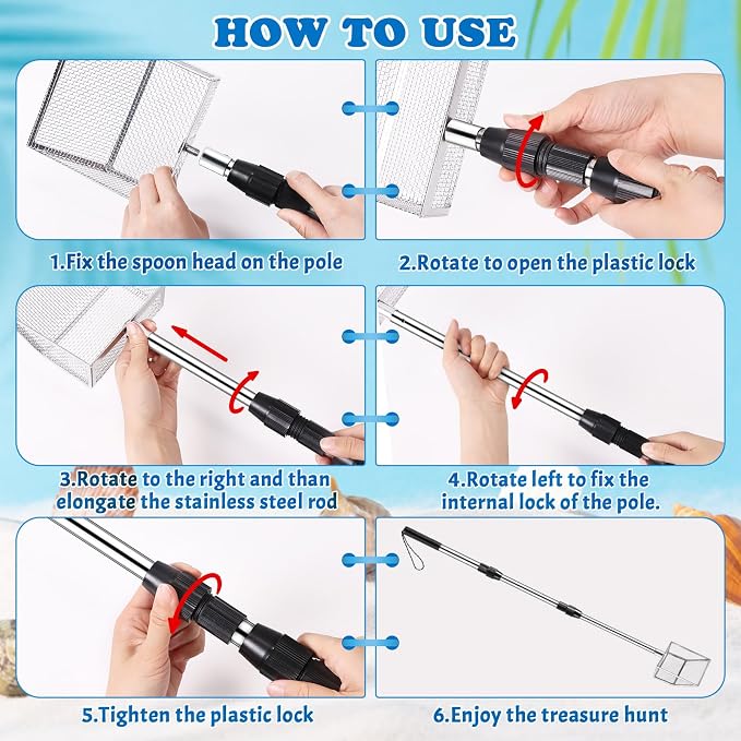 4Pack Shark Tooth Sifter(2 Shell Scooper+2 Seashell Bags), Retractable Long Handle Sand Dipper Shovel Tool for Adults and Kids, Shark Teeth Scoop for Picking Up Shells and Rocks