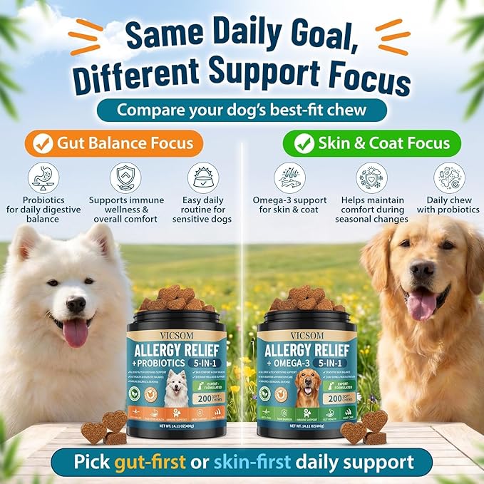 Dog Allergy Chews with Probiotics for Dogs, 200 Dog Allergy Relief Treats for Dogs Immune Support & Itching Skin Relief, Ears, Eyes, Paws Support, Dog Probiotics for Gut Health, Chicken Flavor