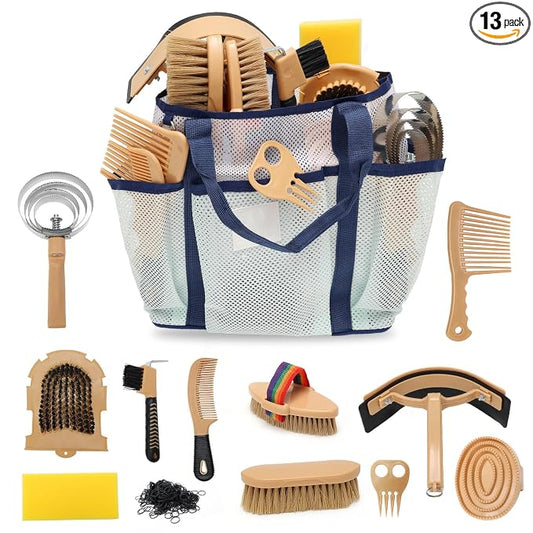 Horse Grooming Kit,13PCS Professional Horse Brushes for Grooming Care Supplies Set with Organizer Bag, Curry Comb, Hoof Pick, Horses Tack Brush Set for Effective Cleaning, Gift for Horse Riders
