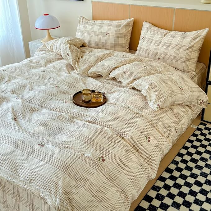 BlueBlue Cherry Duvet Cover Set Twin 100% Cotton Bedding for Kids Boys Girls Teens Red Cherry Grid Stripe on Cream White 1 Cartoon Fruit Comforter Cover 2 Pillowcases (Twin)