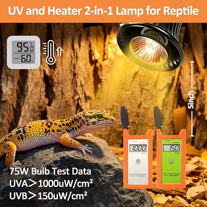Reptile Heat Lamp, Heating Lamp for Reptiles with UVA UVB, 2H,4H, 8H, 10H Cycle Timing&Stepless Dimming Adjustment Basking Light for Turtle, Bearded Dragon, Lizard and More, 2 Bulbs 50W+75W